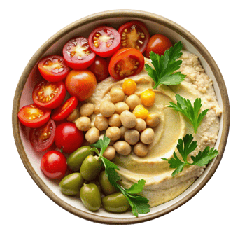 Mediterranean bowl with hummus fresh ingredients food photography bright kitchen close-up healthy eating png