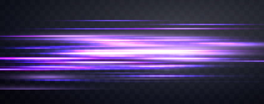 Speed rays, velocity light neon flow, zoom in motion effect, purple glow speed lines, colorful light trails, stripes. Abstract. vector