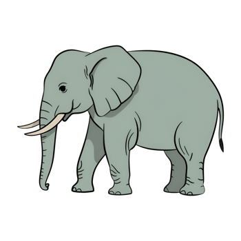 Cartoon elephant illustration with gray skin and white tusks on transparent png
