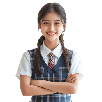 Happy Asian student girl wearing a school uniform, posing confidently with arms crossed in a bright classroom setting, Happy braces Asian student girl in school uniform arm crossed png