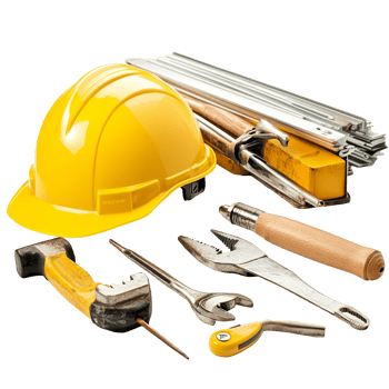 Construction tools and a safety helmet arranged neatly on a table with a transparent background showcasing essential equipment for building projects, Construction tools with safety helmet png