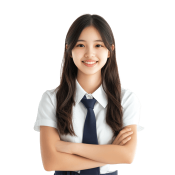 Happy Asian student in school uniform with arms crossed, smiling confidently in a bright setting, Happy pretty Asian student girl in school uniform isolated transparent background png