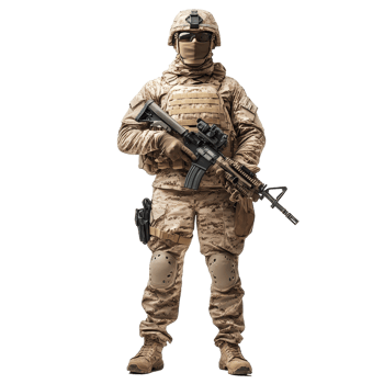 Fully geared soldier stands confidently with a rifle against a plain transparent background during daytime training session, Fully Geared Soldier Holding Rifle on transparent background png