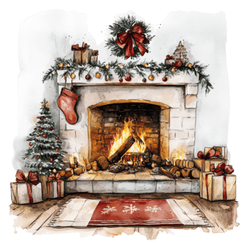 A cozy minimalist Christmas fireplace with decorations, gifts, Cozy Christmas Fireplace and Hearth Minimalistic Watercolor Illustration on transparent background png