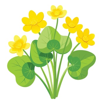Marsh Marigold with Pink Petals and Green Leaves in a Garden Setting vector