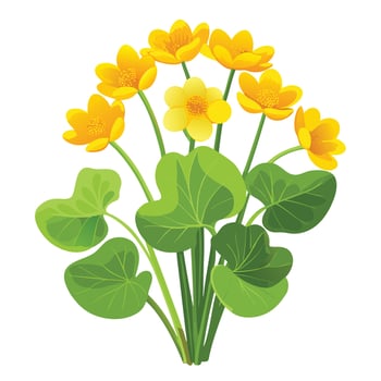 Beautiful Marsh Marigold with Bright Yellow Flowers and Green Leaves vector