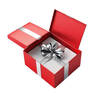 A beautifully wrapped red gift box with a silver ribbon opened to reveal a surprise inside, Red open gift box with silver ribbon png