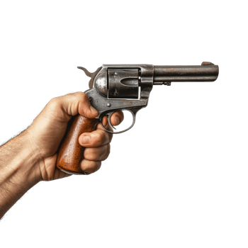 A hand grips a vintage revolver firmly against a plain transparent background, Hand Holding Revolver on transparent background png