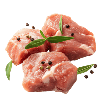 Raw pork pieces with fresh herbs and black pepper on a clean transparent background for culinary uses, Raw pork isolated on transparent background png
