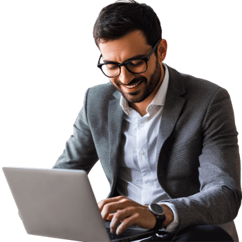 Businessman engaged in online communication while working on a laptop in a professional setting, file no background Businessman connecting with his laptop png