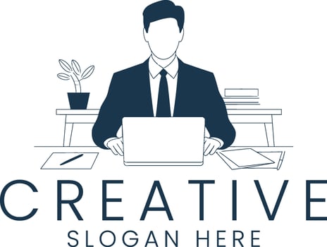 Businessman Working Laptop Office Desk Creative Professional art flat line icon team vector