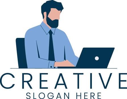Businessman Working on Laptop Creative Modern job desk blue dark flat icon vector