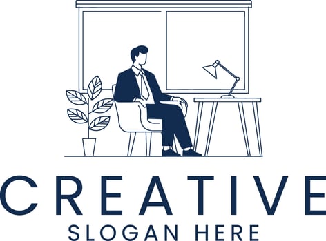 Professional Businessman Office Desk Minimalist Line Art work lamp room calm blue vector