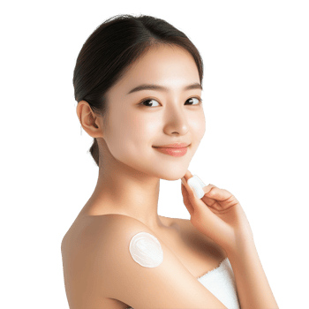 A beautiful young Asian woman applies lotion on her shoulder in a studio setting for a skincare routine, Studio shot Beautiful young Asian woman applying lotion on shoulder isolated transparent png
