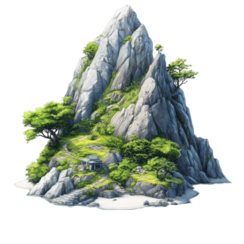 Mountain island with lush greenery, rocky terrain, and a small cottage surrounded by tranquil waters, Mountain Island on transparent background png