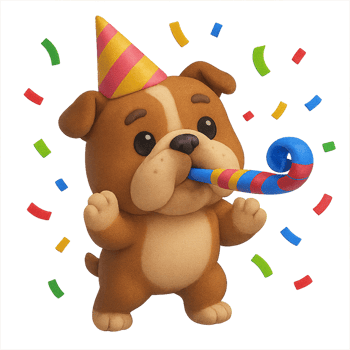 Celebratory bulldog with party horn and confetti playful atmosphere digital art festive vibe adorable viewpoint png