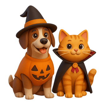 Halloween-themed dog and cat couple costume display festive decor cartoon illustration whimsical style playful concept png