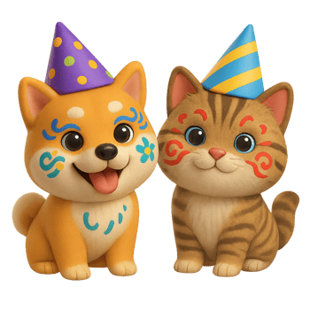 Shiba and tabby pets celebrate with face paint and party hats colorful indoor scene joyful atmosphere cute companions png