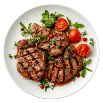 Grilled meat with fresh vegetables served on a plate, ideal for a hearty meal any time of day, Grilled meat cuisine top view isolated on transparent background png