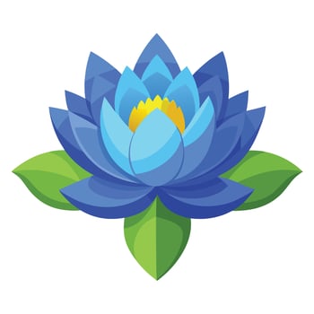 Botanical Depiction of a Blue Lotus Flower in Full Bloom with Green Leaves and Stems vector