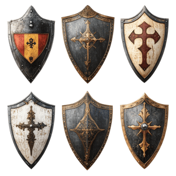 Medieval knight shields on transparent, featuring unique designs and craftsmanship from the Middle Ages, Medieval Knight Shields Isolated on transparent background png