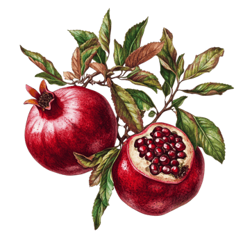 A branch of ripe pomegranates with vibrant red fruit against a transparent background, Branch of delicious pomegranates on whtie background cutouts png