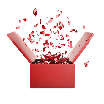 Exciting gifts launching from a vibrant red gift box with colorful confetti against a bright background, Gifts bursting out from red open gift box over transparent background png