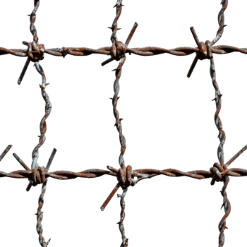 Detailed view of a rusty steel barbed wire fence against a transparent background, emphasizing its sharpness and design, Steel Barbed Wire Fence transparent background png