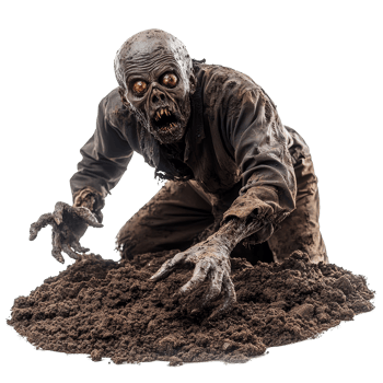 A spooky zombie emerging from the soil of a grave, ready to haunt the living on a dark night, zombie coming out on the soil or grave isolated on transparent background png