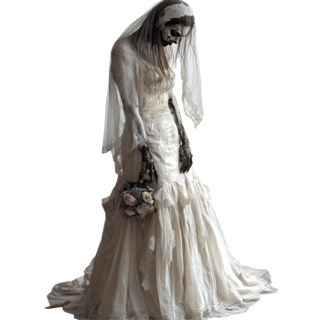 A spooky zombie bride stands alone in a transparent backdrop, haunting with her frozen face and tattered gown, Scary zombie bride isolated on transparent background png