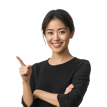 Smiling Asian woman joyfully pointing to the side in a bright setting, Asian Smiling woman pointing finger to the side with copy space isolated transparent background png