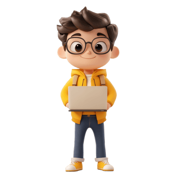 Cute cartoon character with laptop in casual outfit working in a bright setting during daytime, 3D Cartoon Character with Laptop Cute Guy Avatar Isolated on transparent background png