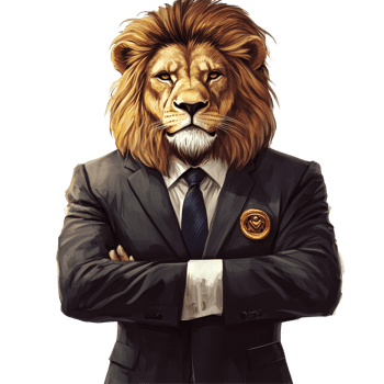 Assertive lion dressed in a suit stands confidently against a transparent background, showcasing authority, Assertive Lion Boss in Suit on transparent backgroundConceptual Artwork png