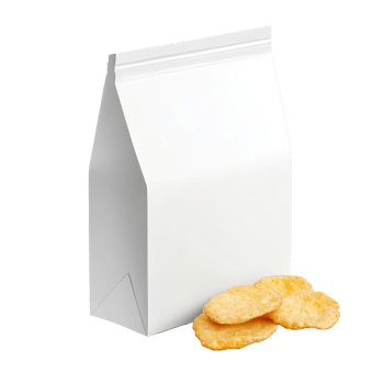 Cut open blank snack packaging with crisp chips isolated on a transparent background in studio lighting, Cut open blank snack packaging isolated png