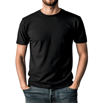 Black tshirt mockup displayed on a man standing against a transparent background with hands in pockets, black tshirt mockup on a man, file of isolated object with shadow on transparent background png