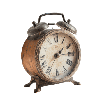 Vintage table alarm clock with a weathered face and oldfashioned bells isolated against a transparent background, vintage table alarm clock, file of isolated object with shadow on transparent png