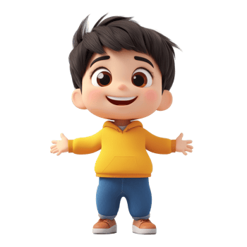 A cheerful young child stands with outstretched arms, smiling joyfully against a plain background, 3d cartoon of little child isolated on transparent background png