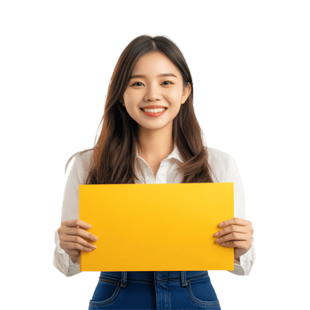 Cheerful young Asian business woman holds up a bright yellow sign in a welllit studio during the day, Happy young Asian business look woman shows yellow mock up car with OK hand sign png