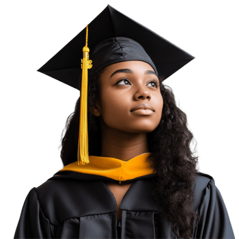 Confident Black female graduate in cap and gown, looking towards the future, Black Female Graduate in Cap and Gown on transparent background png
