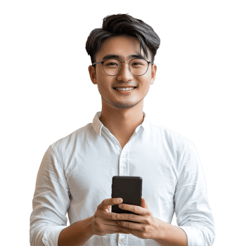 Smart young Asian man engaged in mobile communication while smiling warmly indoors, Attractive young smart Asian man using mobile smart phone transparent background png