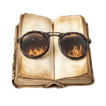 A vintage book with burnt sunglasses resting on its pages against a textured transparent background, Vintage book burnt sunglass on transparent background png
