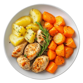 Delicious healthy meal featuring grilled chicken, roasted carrots, and potatoes on a transparent plate, Healthy meal with carrot, potatoes and chicken on transparent background png