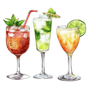 Three colorful cocktails featuring a colada, margarita, and mojito garnished with mint and lime, Titre Exotic Cocktail, Colada, Margarita, and Mojito on transparent background png