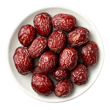 Dried red dates arranged on a transparent plate showcasing their rich color and texture, ideal for snacking and cooking, Dried red date or Chinese jujube in a plate isolated on transparent background png