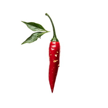 Fresh red chili pepper surrounded by dried flakes and green leaves on a bright transparent background, chili with leaf on transparent background png