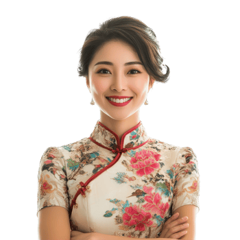 A beautiful smiling Chinese woman wearing a floral dress poses confidently against a bright backdrop, a portrait photo of beautiful smiling chinese woman in a qipao,isolated transparent background png