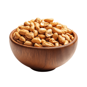 Roasted peanuts in a wooden bowl on a transparent background perfect for snacking or culinary use at any time, Roasted peanuts in wood bowl isolated on transparent background png