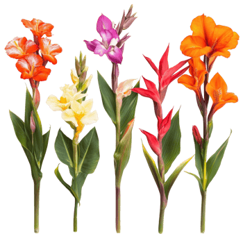 A beautiful collection of vibrant canna lily flowers isolated on a transparent background showcasing diverse colors and forms, canna lily flowers isolated transparent background png
