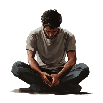 Emotional man seated with head down, expressing discomfort and introspection in a serene atmosphere, file no background Uncomfortable emotional man sitting and sweating png