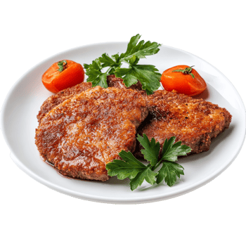 Delicious beef cutlet dish garnished with parsley and cherry tomatoes on a transparent plate, beef cutlet dish isolated on transparent background png